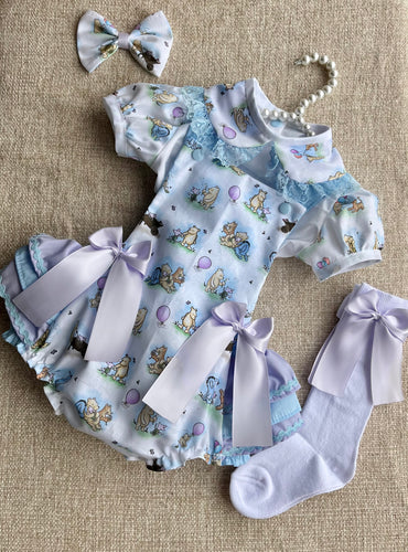 4 piece lilac and blue  frilly bum romper set