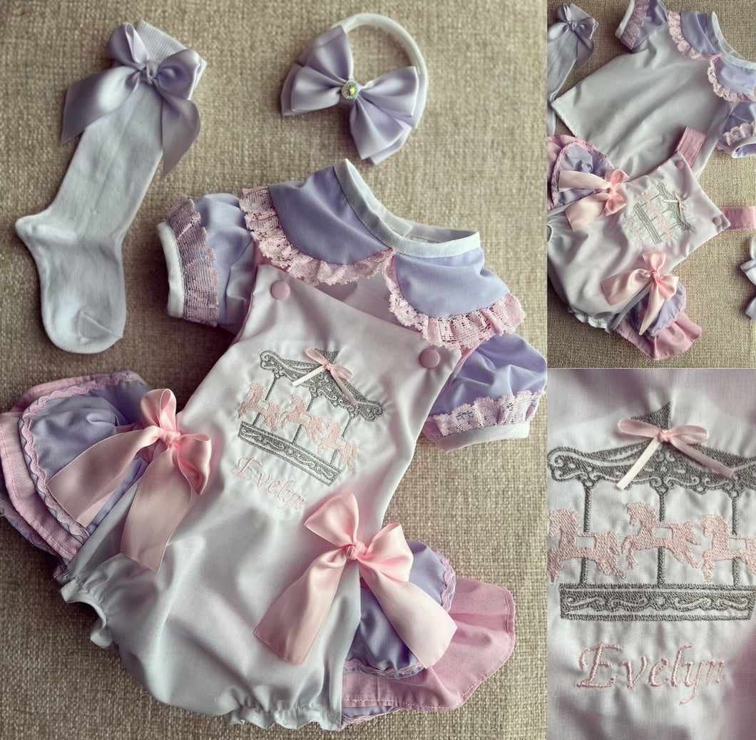 Pink and lilac carousel personalised frilly romper set