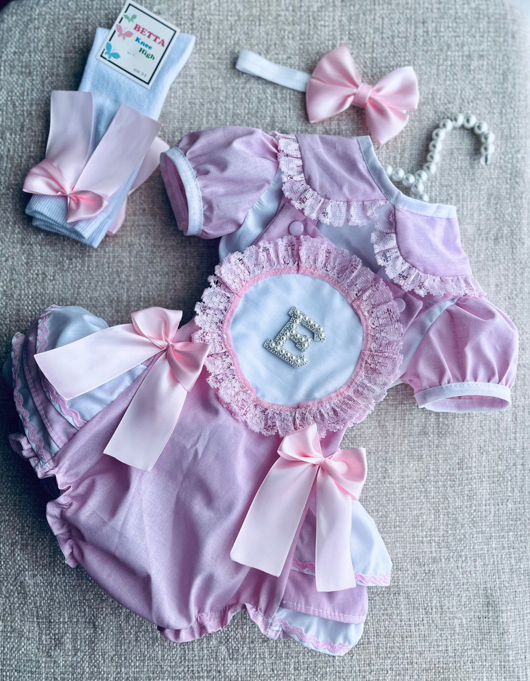 Frilly pink and lace initial romper set