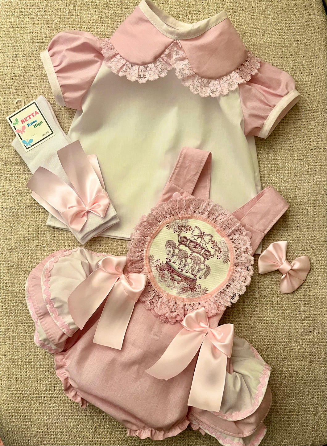 4 piece pink and white carousel frilly bum romper set