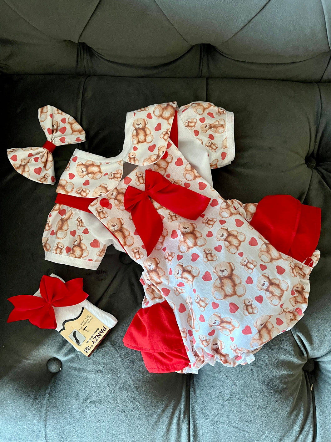 Beautiful 4 piece Valentine’s Day frilly bum romper set.