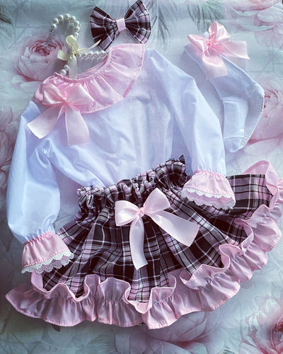 High waisted pink and black tartan frilly skirt and blouse set