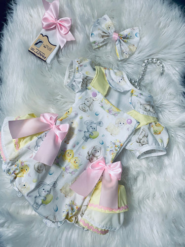 4 piece lemon and pink Easter frilly bum romper set