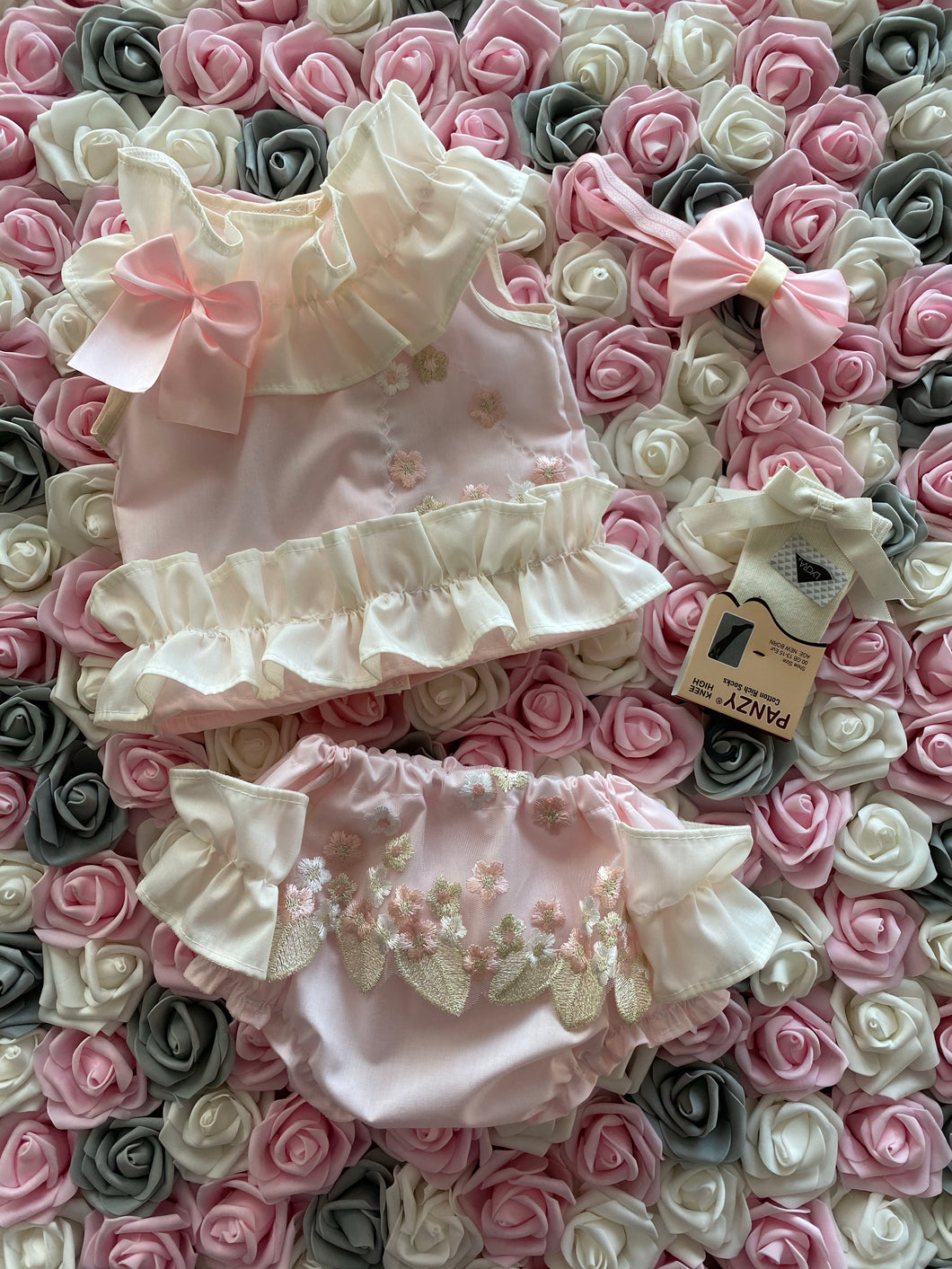 Pink and cream frilly jam pant set