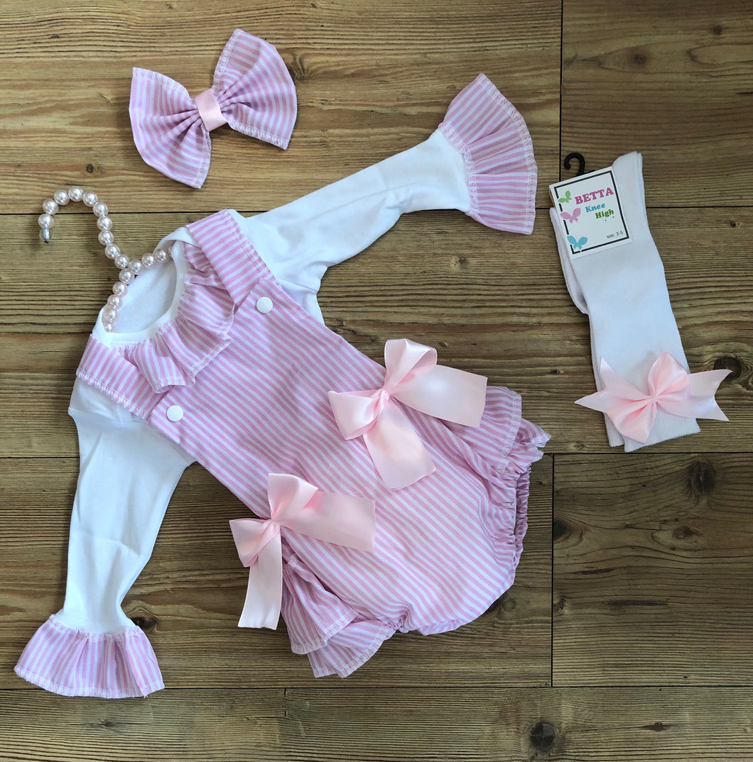 Candy pink stripe romper set with long or short sleeve matching vest