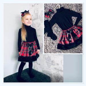 Red tartan with black faux fur trim skirt set