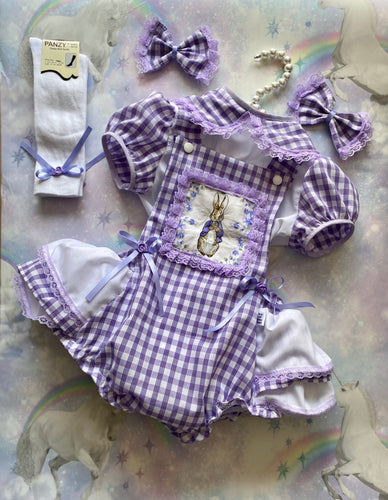 4 piece lilac check frilly romper set