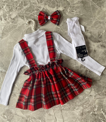 Red tartan strap skirt set