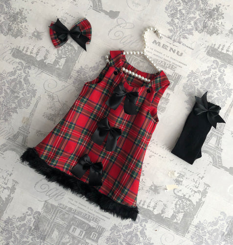 Red tartan With black faux fur trim dress set