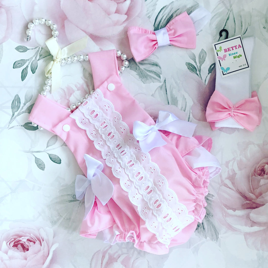 Baby pink frilly bum romper set