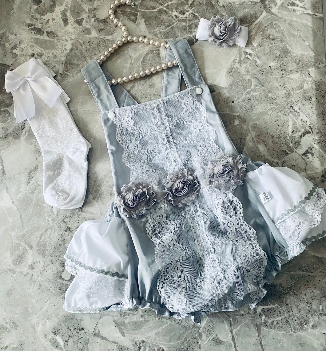 Grey lace floral frilly bum romper set