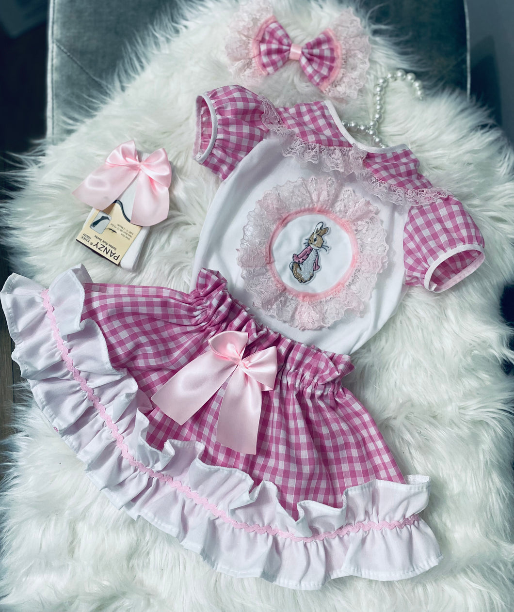 Pink check high waisted skirt set