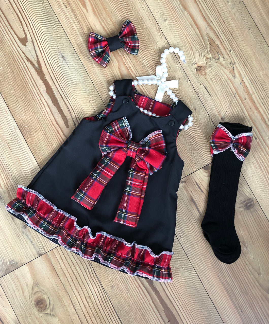 Black with red tartan ruffle and bow dress set