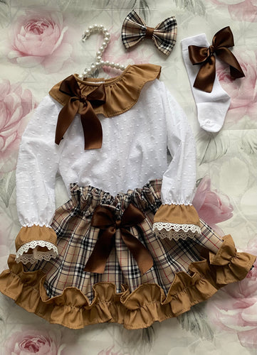 Beige tartan and camel skirt and blouse set