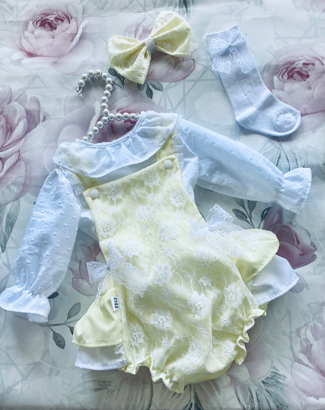 Lemon romper set includes blouse, socks and hair bow