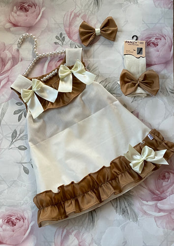 Cream and camel frilly dress sets