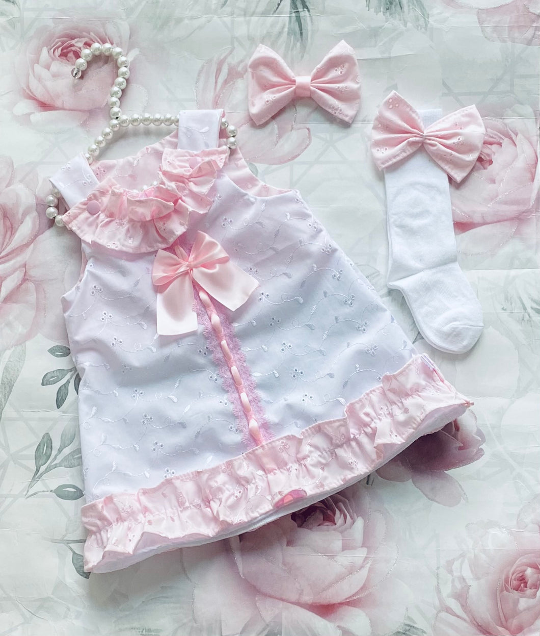 White and pink Broderie Anglaise dress set