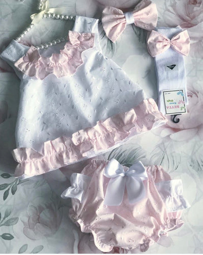 Pink and white frilly jam pant sets
