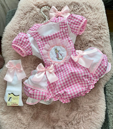 4 piece pink check frilly bum romper set