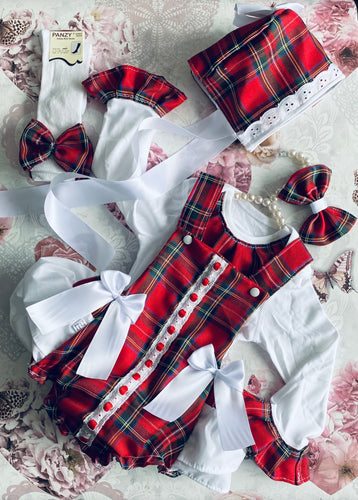 5 piece red tartan frilly bum romper set