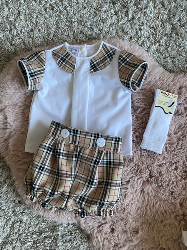 Boys beige tartan fully lined shorts and shirt set