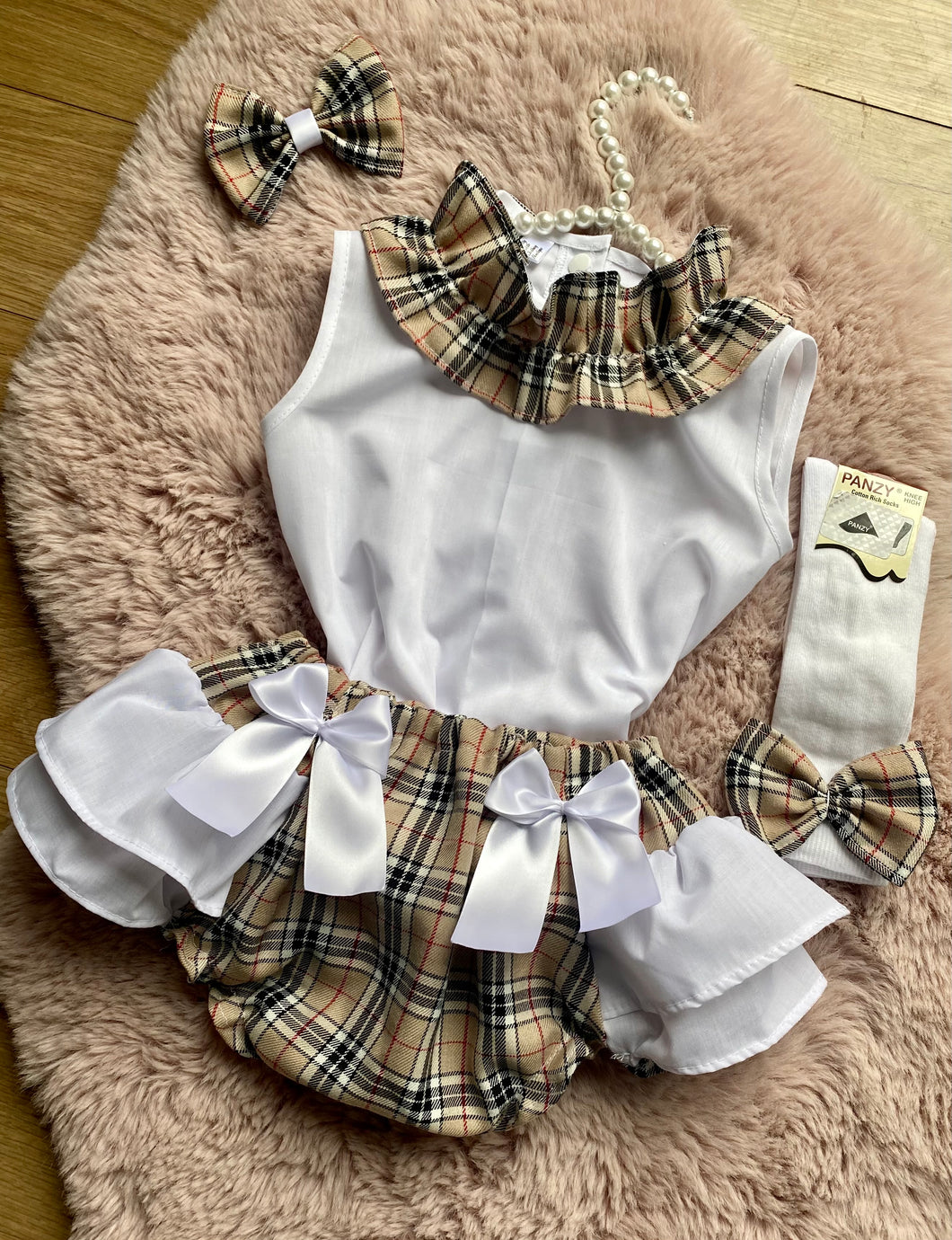 Beige tartan frilly jam pant set