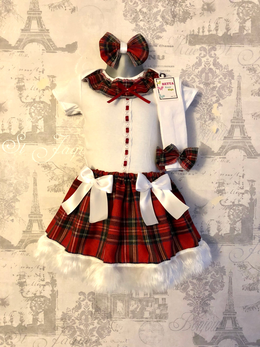 Red tartan fur trim skirt sets