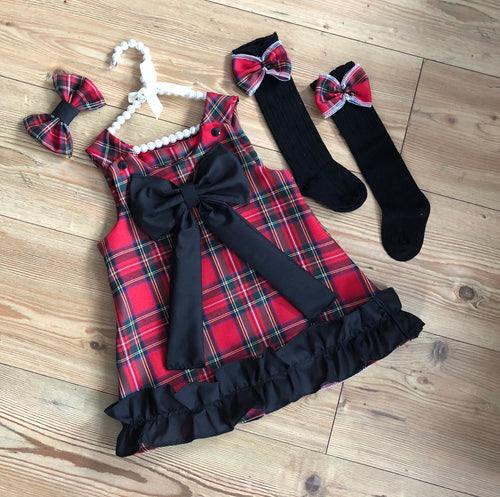 Red tartan with black bow and ruffle dress sets