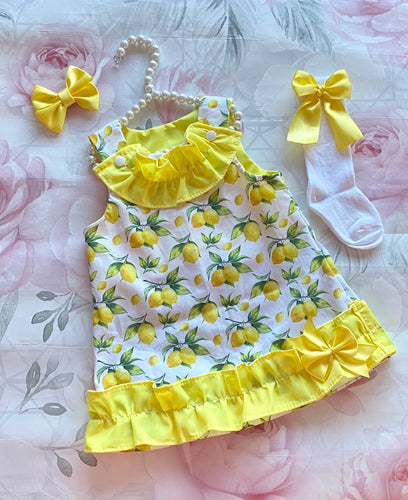 Lemon print with bright yellow frilly dress set
