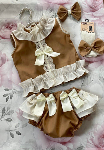 Camel and cream frilly jam pant set