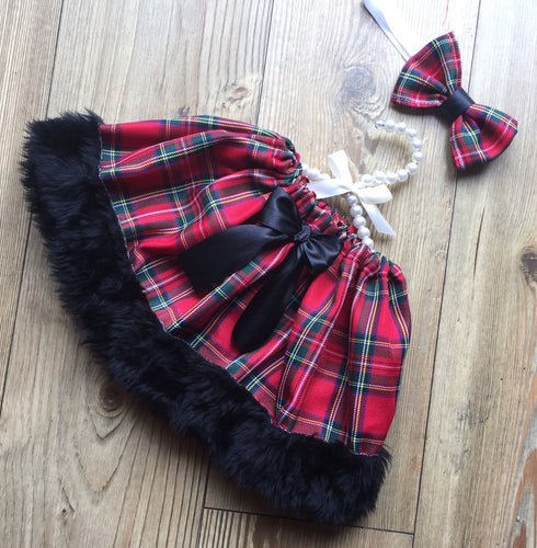 White or black Faux fur trim tartan skirt and hair bow set