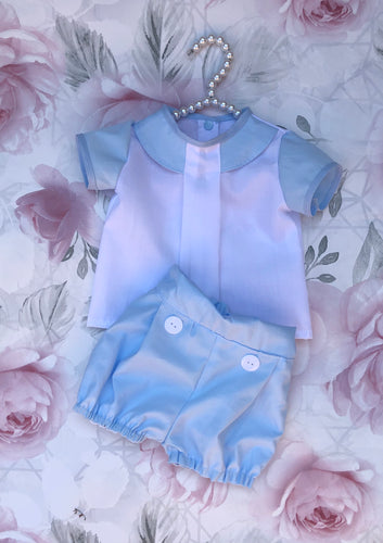 Boys blue and white fully lined short and shirt set